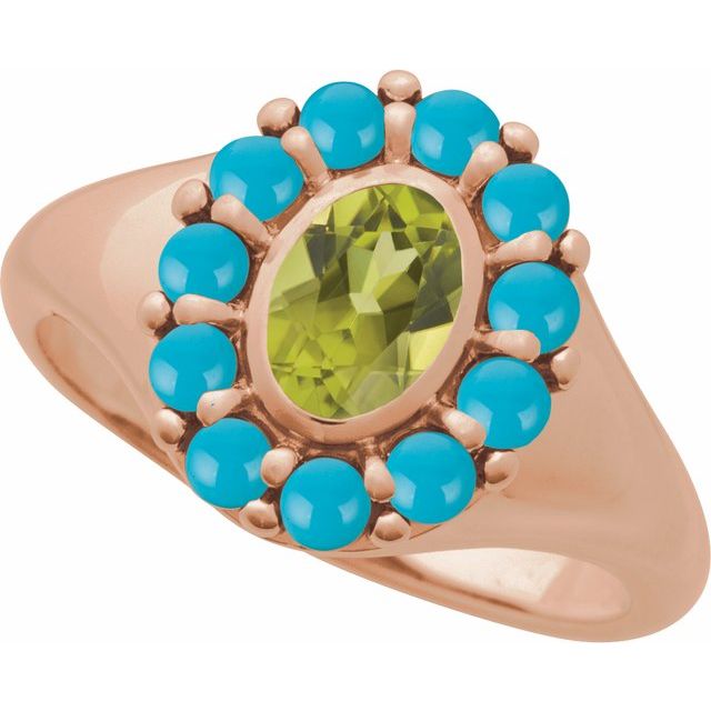 14K White Gold Natural Peridot & Turquoise Halo-Style Ring