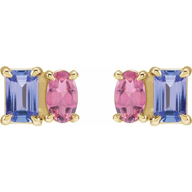 14K White Gold Natural Tanzanite & Pink Tourmaline Stud Earrings