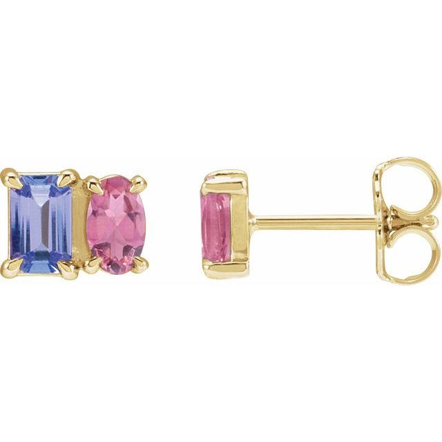 14K Gold Natural Tanzanite And Natural Pink Tourmaline Stud Earrings