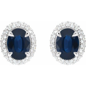 14K White Gold Natural Blue Sapphire & 1/2 CTW Diamond Double Halo Earrings