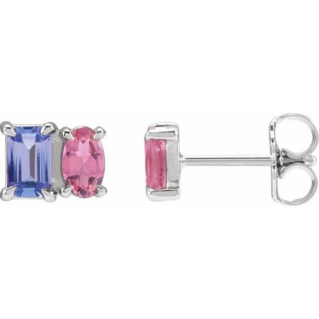 14K White Gold Natural Tanzanite & Pink Tourmaline Stud Earrings