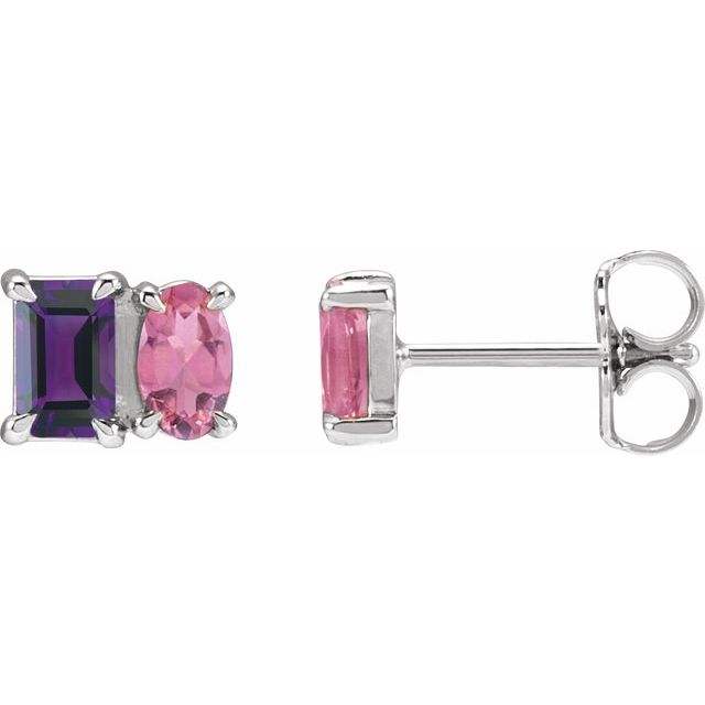 14K White Gold Natural Tanzanite & Pink Tourmaline Stud Earrings