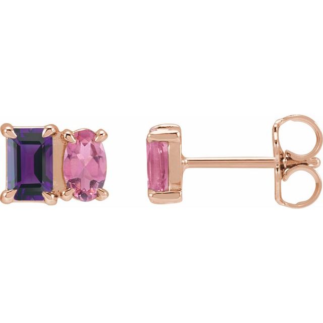 14K White Gold Natural Tanzanite & Pink Tourmaline Stud Earrings