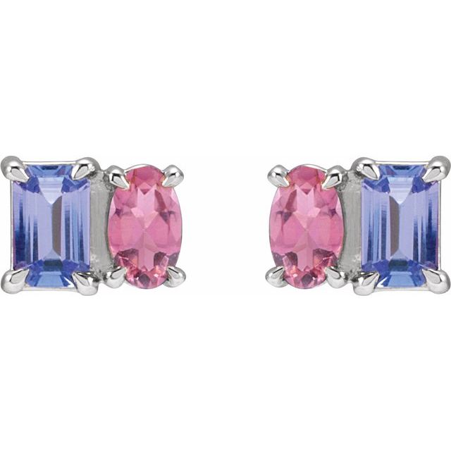 14K White Gold Natural Tanzanite & Pink Tourmaline Stud Earrings