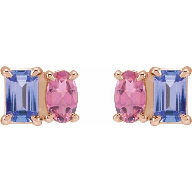 14K White Gold Natural Tanzanite & Pink Tourmaline Stud Earrings