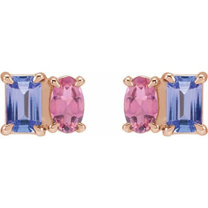 14K White Gold Natural Tanzanite & Pink Tourmaline Stud Earrings