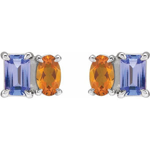 14K White Gold Natural Tanzanite & Pink Tourmaline Stud Earrings