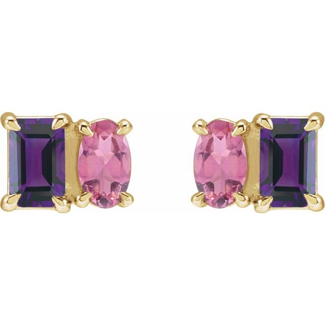 14K White Gold Natural Tanzanite & Pink Tourmaline Stud Earrings