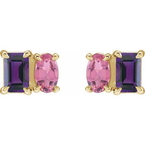 14K White Gold Natural Tanzanite & Pink Tourmaline Stud Earrings