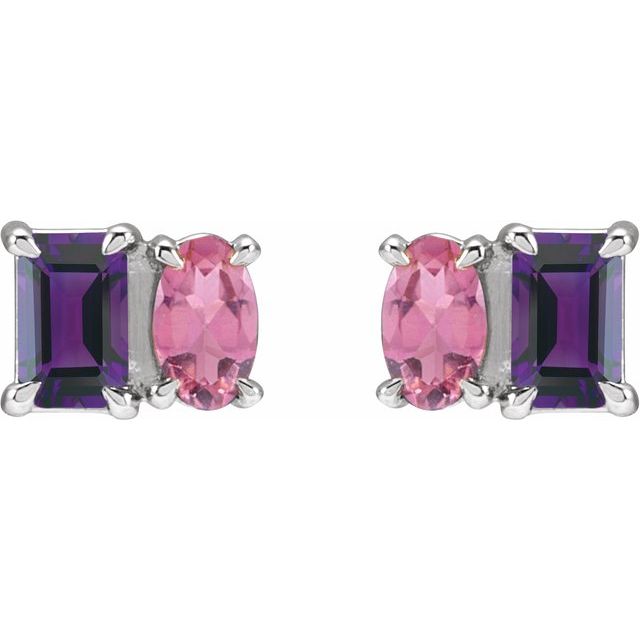 14K White Gold Natural Tanzanite & Pink Tourmaline Stud Earrings