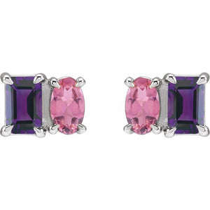 14K White Gold Natural Tanzanite & Pink Tourmaline Stud Earrings
