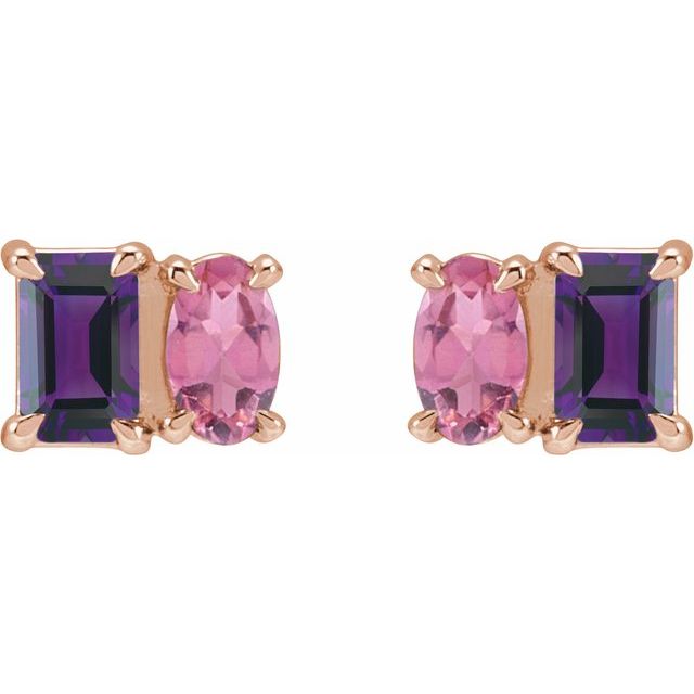 14K White Gold Natural Tanzanite & Pink Tourmaline Stud Earrings