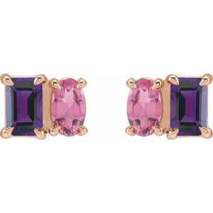 14K White Gold Natural Tanzanite & Pink Tourmaline Stud Earrings