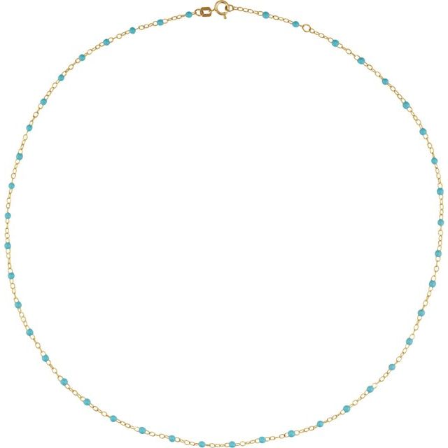 14K Yellow Gold, 2 mm Adjustable Turquoise Enamel Bead Necklace