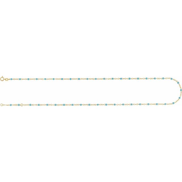 14K Yellow Gold, 2 mm Turquoise Enamel Bead Adjustable Chain - 6-7 inches