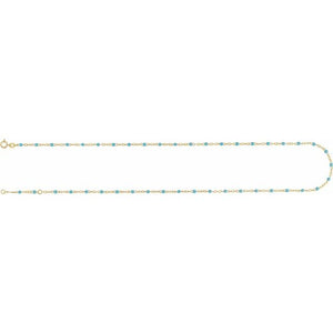 14K Yellow Gold, 2 mm Turquoise Enamel Bead Adjustable Chain - 6-7 inches