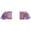 14K White Gold Natural Pink Tourmaline & Amethyst Stud Earrings