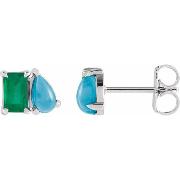 Lab-Grown Emerald and Natural Turquoise Stud Earrings Crafted in 14K Gold, Silver & Platinum