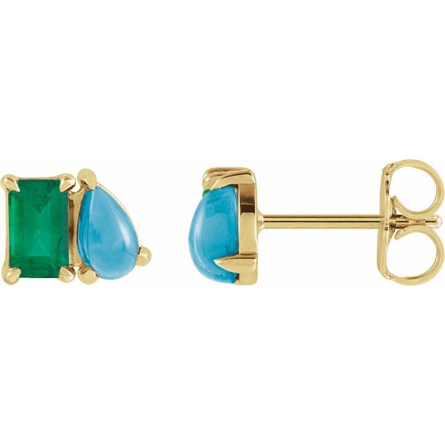 Lab-Grown Emerald and Natural Turquoise Stud Earrings Crafted in 14K Gold, Silver & Platinum