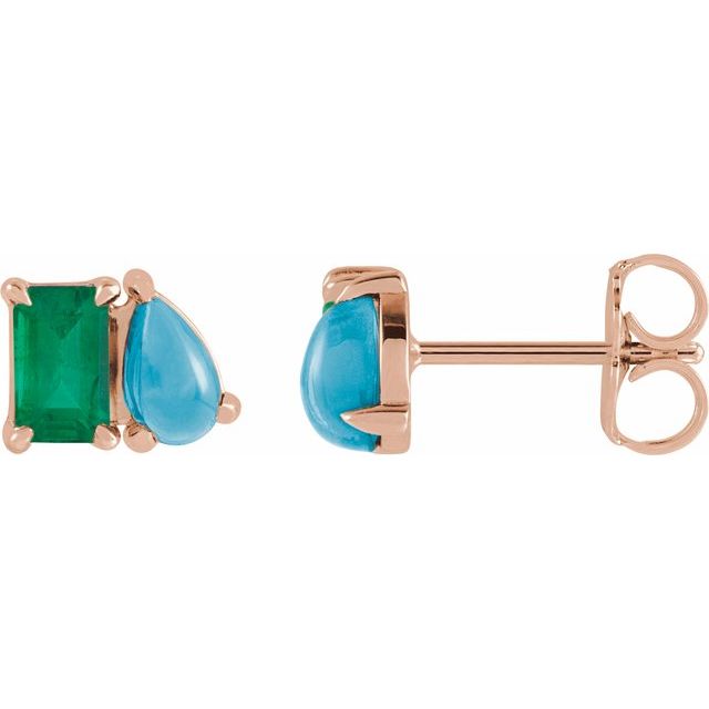 Lab-Grown Emerald and Natural Turquoise Stud Earrings Crafted in 14K Gold, Silver & Platinum