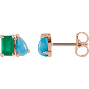 Lab-Grown Emerald and Natural Turquoise Stud Earrings Crafted in 14K Gold, Silver & Platinum