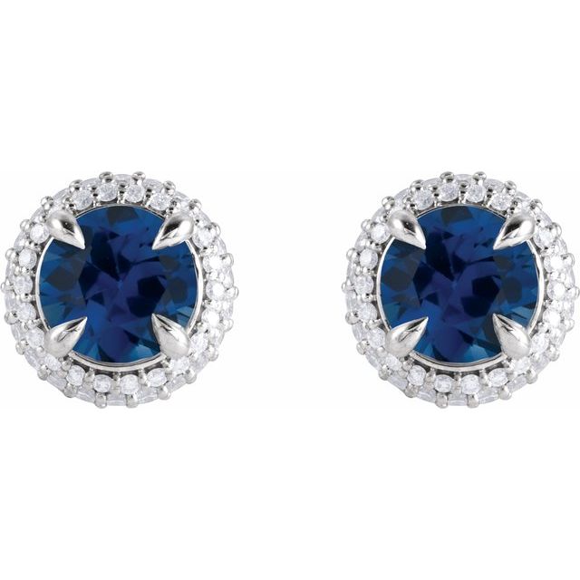 14K Rose Gold Double Halo Earrings with Natural Blue Sapphire and 1/2 CTW Lab-Grown Diamonds