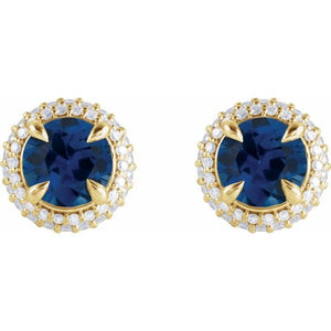 14K Rose Gold Double Halo Earrings with Natural Blue Sapphire and 1/2 CTW Lab-Grown Diamonds