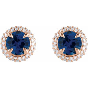 14K Rose Gold Double Halo Earrings with Natural Blue Sapphire and 1/2 CTW Lab-Grown Diamonds