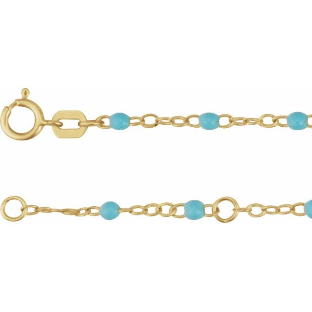 14K Yellow Gold, 2 mm Turquoise Enamel Bead Adjustable Chain - 6-7 inches