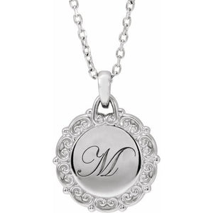 14K White Gold Engravable Scroll Necklace - 16.6x12.1 mm
