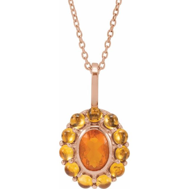 14K Gold Natural Mexican Fire Opal And Natural Cabochon Citrine Halo-Style Pendant