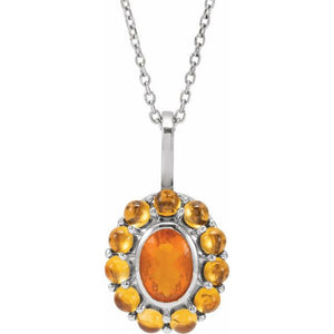 14K Gold Natural Mexican Fire Opal And Natural Cabochon Citrine Halo-Style Pendant