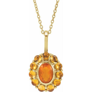 14K Gold Natural Mexican Fire Opal And Natural Cabochon Citrine Halo-Style Pendant
