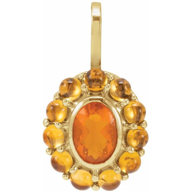14K Gold Natural Mexican Fire Opal And Natural Cabochon Citrine Halo-Style Pendant