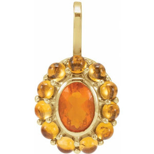 14K Gold Natural Mexican Fire Opal And Natural Cabochon Citrine Halo-Style Pendant