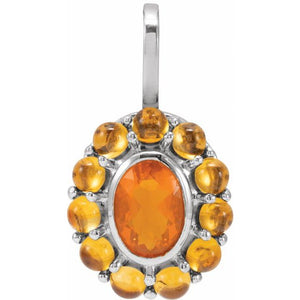 Natural Mexican Fire Opal And Natural Cabochon Citrine Halo-Style Pendant
