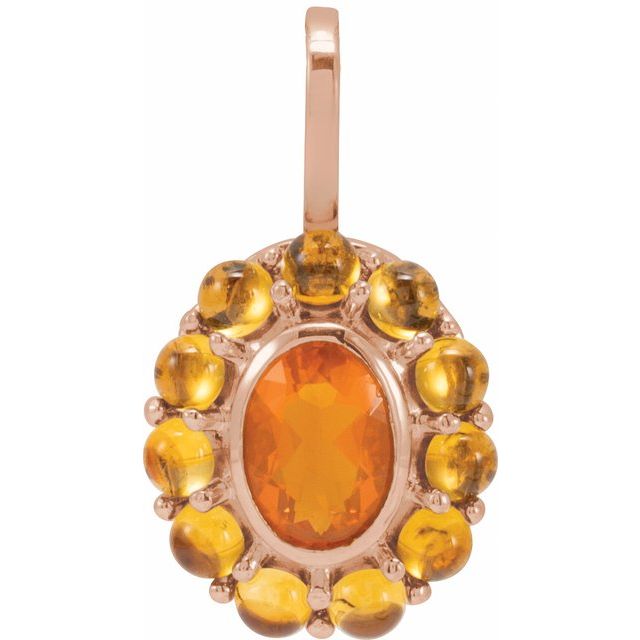 14K Gold Natural Mexican Fire Opal And Natural Cabochon Citrine Halo-Style Pendant