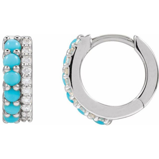 Natural Turquoise And 1/8 Ctw Natural Diamond Huggie Earrings