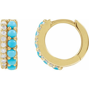 14K Gold Natural Turquoise And Natural Diamond Huggie Earrings - Options Available