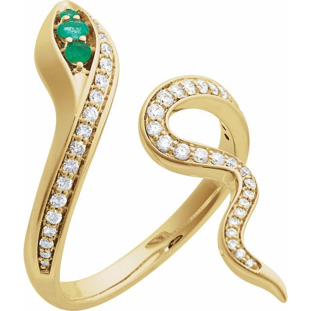 14K Yellow Gold Natural Emerald & 1/3 CTW Diamond Snake Ring