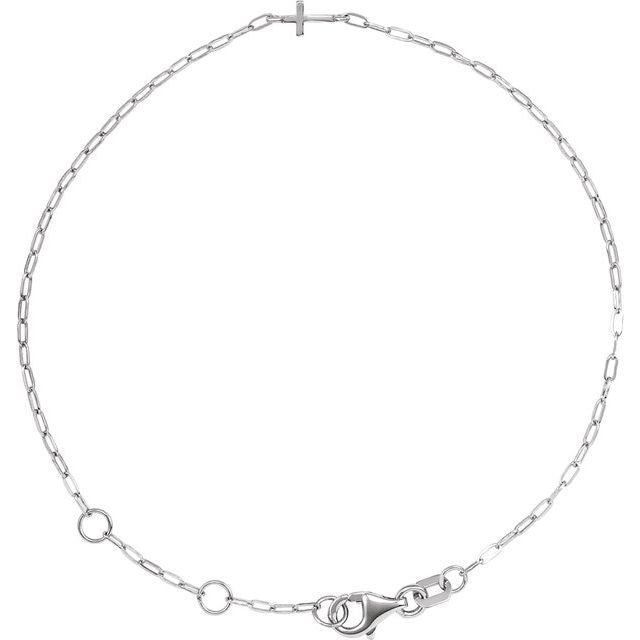 14K White Gold, 165-190 mm Sideways Cross Paperclip Bracelet