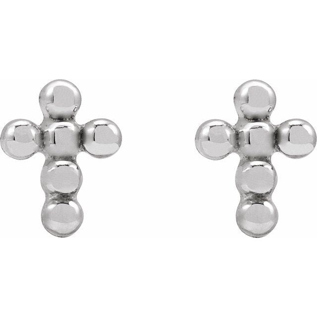 14K White Gold Beaded Cross Press Fit Stud Earrings