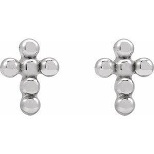 14K White Gold Beaded Cross Press Fit Stud Earrings