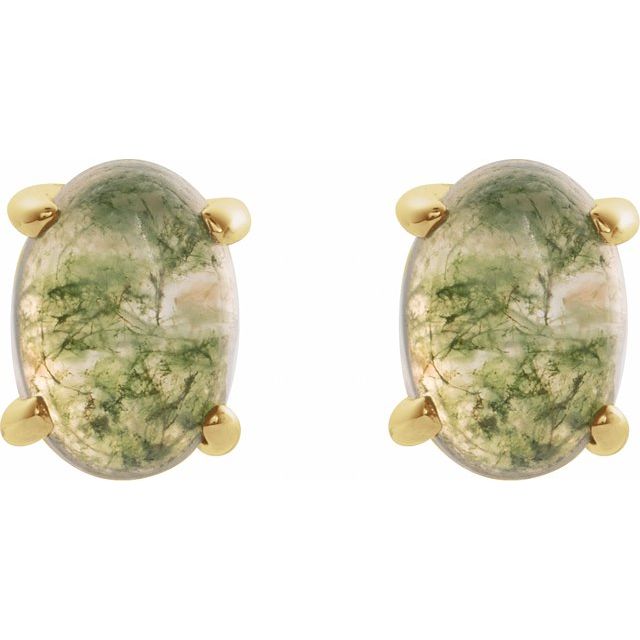 14K White Gold Oval Natural Moss Agate Stud Earrings – 7x5 mm