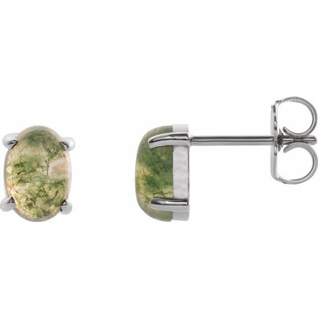 14K White Gold Oval Natural Moss Agate Stud Earrings – 7x5 mm