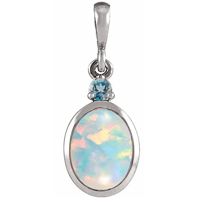 14K White Gold Natural Ethiopian Opal & Diamond Pendant - Bezel-Set