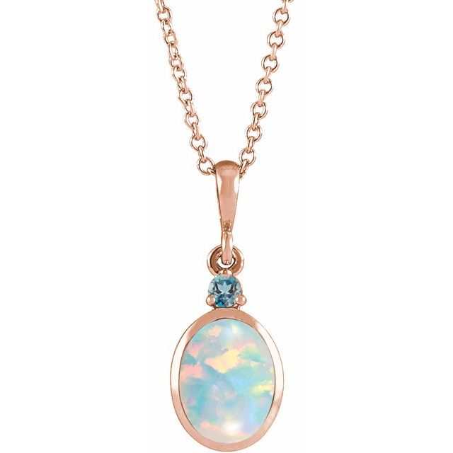 Lab Grown White Opal and Natural London Blue Topaz Bezel-Set Necklace in 14K Gold, Silver & Platinum