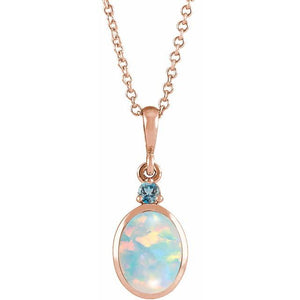 Oval Lab Grown White Opal and London Blue Topaz Bezel-Set Necklace in 14K Gold, Silver & Platinum