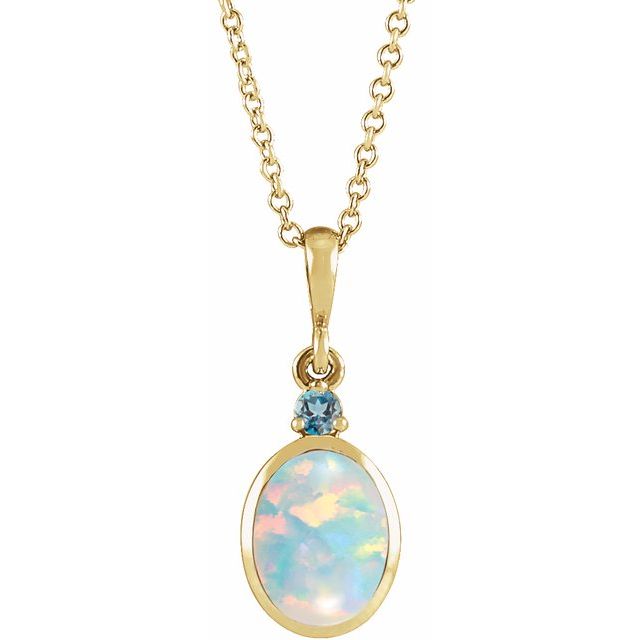 Lab Grown White Opal and Natural London Blue Topaz Bezel-Set Necklace in 14K Gold, Silver & Platinum