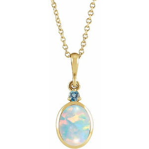 Lab Grown White Opal and Natural London Blue Topaz Bezel-Set Necklace in 14K Gold, Silver & Platinum